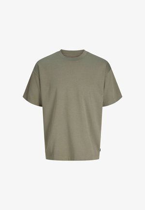Olive green krótki rękaw T-shirt wykonany z miękkiej tkaniny, z okrągłym dekoltem i luźnym krojem, bez widocznych grafik ani wzorów.