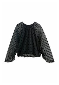 Sort transparent bluse med lange ærmer, puffede ærmer og sorte prikker, rund halsudskæring og elastisk, indsamlet kant.