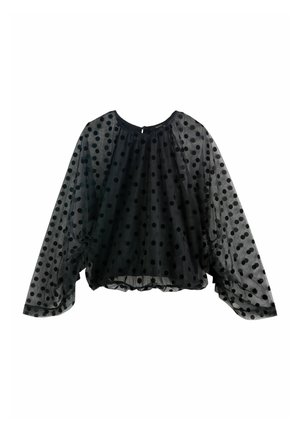 Sort transparent bluse med lange ærmer, puffede ærmer og sorte prikker, rund halsudskæring og elastisk, indsamlet kant.