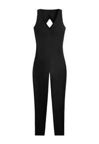 Fekete ujjatlan overál V-nyakkivágással, szabott derékkal, keskeny lábszárakkal és a nyakkivágás alatt hátul egy kis háromszög alakú kivágással.