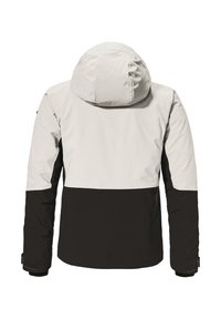 Skijacke mit Kapuze, ausgestattet mit einem Farbblockdesign in Hellgrau und Schwarz. Hergestellt aus strapazierfähigem Gewebe mit einer glatten Textur.