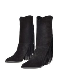 Stivaletti alla caviglia in suede nero con punta affusolata e dettagli in frange lungo i lati. Il design presenta un gambale alto e un tacco basso e spesso.