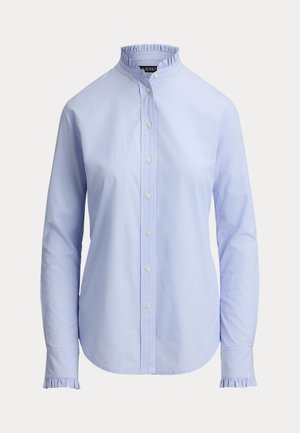 Ανοιχτό μπλε μπλούζα με μακριά μανίκια, με βολάν στον ψηλό γιακά και στα μανίκια, με κουμπιά μπροστά, εφαρμοστή γραμμή και ομαλό βαμβακερό ύφασμα.