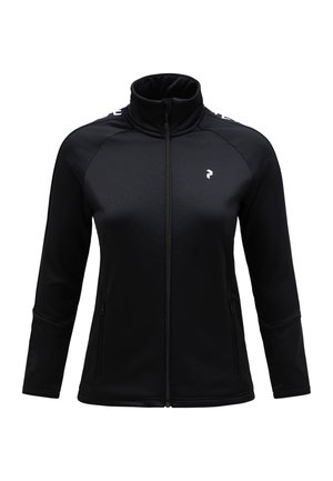 Black softshell jacket with a full zip, high collar, zippered side pockets, and subtle logo detail on the chest and shoulders.