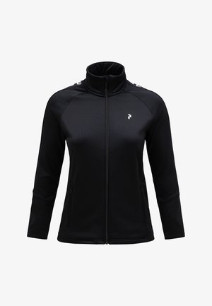 Sort softshell-jakke med fuld lynlås, høj krave, lynlåslommer i siden og diskret logo-detalje på brystet og skuldrene.