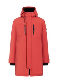Röd vattentät jacka med huva, har dragkedjeförsedda bröstfickor, en framknäppning och svarta accenter på ärmar och dragkedjor.