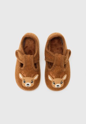 Chaussons en tissu marron avec un motif de visage de cerf, présentant des bois et une texture douce. Sangle Velcro pour un ajustement facile.