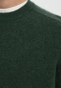 Maglione a maglia verde scuro con scollatura rotonda a costine e tessuto morbido e texturizzato. La vista ravvicinata mette in risalto l'aspetto soffice del materiale.