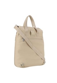 borsa a tracolla beige realizzata in materiale liscio, con doppi manici e una tracolla regolabile, dotata di una tasca con zip sul retro.