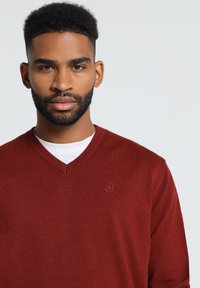 Pull en tricot rouge avec un col en V, affichant un petit logo sur la poitrine gauche et une texture lisse. Porté par-dessus une chemise blanche.