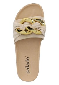 Sandale à glissière beige avec un dessus en tissu tissé, présentant des détails en chaîne dorée et une semelle rembourrée. Nom de la marque "palado" visible sur la semelle.