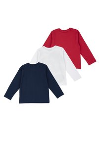 Set aus drei Langarm-T-Shirts: eines in Marineblau, eines in Rot und eines in Weiß. Aus Baumwollstoff, mit Rundhalsdesign, einfarbig, ohne Muster.