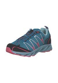 Running shoe with a teal mesh upper, black toe cap, and pink accents. Features a lightweight sole with textured tread for grip.