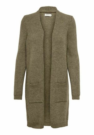 Open-front cardigan in olive green knitted fabric with long sleeves, two front pockets, and a textured pattern. No buttons.