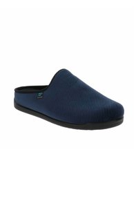 Pantofole slip-on in tessuto navy con texture rigata, punta arrotondata e suola in gomma nera. Presenta un piccolo logo blu di lato.