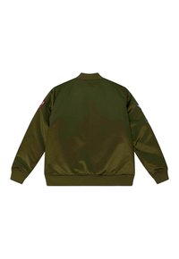 Veste bomber vert olive, en satin léger, avec col et poignets côtelés, ornée de patchs sur les manches, texture lisse, coupe décontractée.