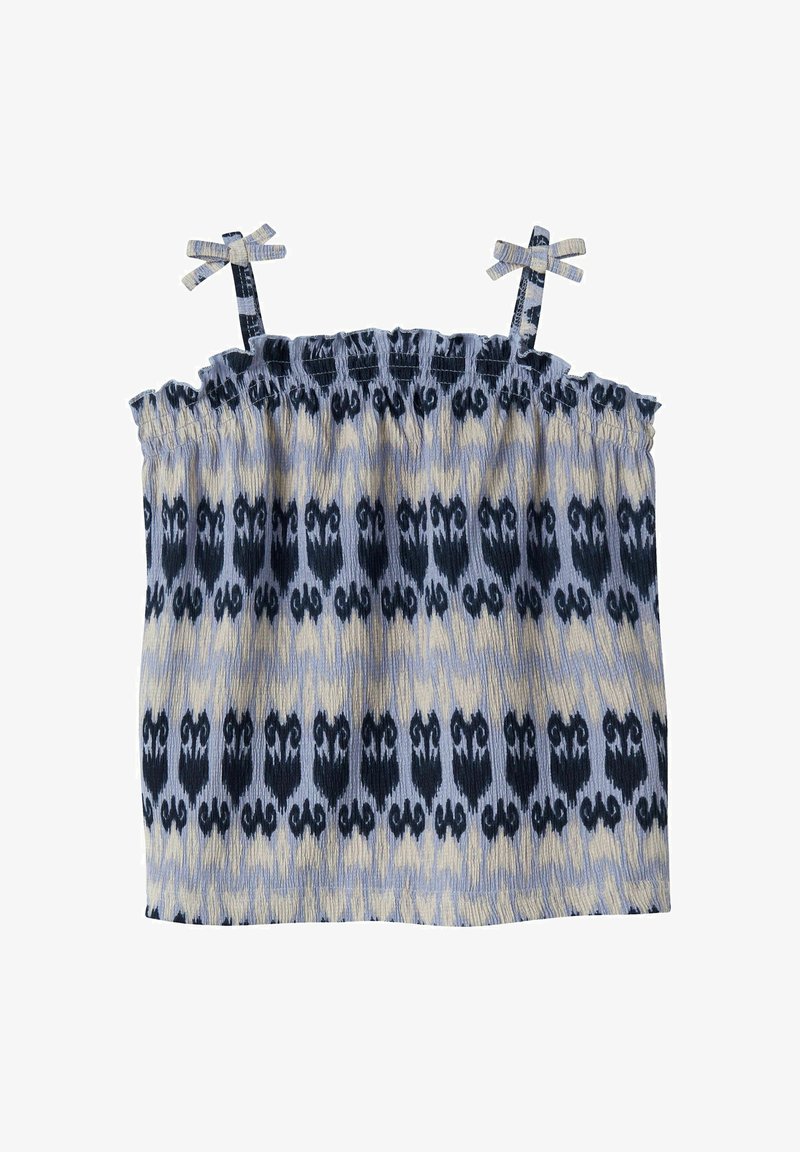 Haut sans manches avec motif abstrait bleu et beige, corsage smocké et bretelles nouées en nœuds.