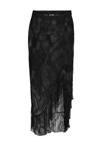 Černá krajková sukně s vrstveným designem, jemným květinovým vzorem a třásňovým lemem. Elastický pas pro snadné nošení.