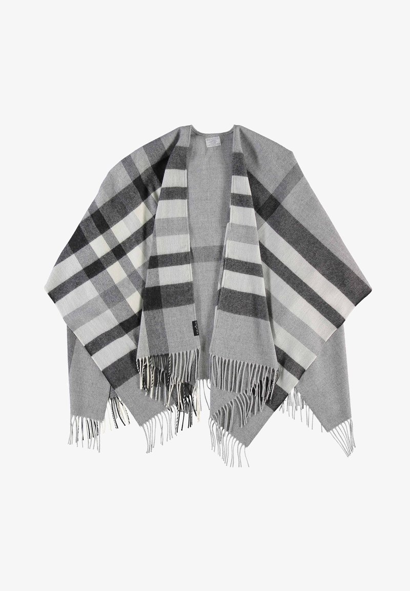 Poncho a quadri grigio e bianco con bordi frangiati, realizzato in tessuto morbido, caratterizzato da un design ampio e un'apertura frontale senza chiusure.
