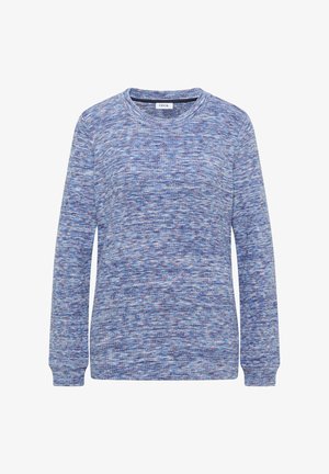 Blauer strukturierter Pullover mit Rundhalsausschnitt, langen Ärmeln und einem Mix aus hellen und dunklen Blautönen im gesamten Stoff.