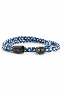 Pleteni avdio kabel v modri, črni in beli barvi. Gladka tekstura s črnimi plastičnimi konektorji na vsakem koncu. Trajna zasnova za avdio uporabo.