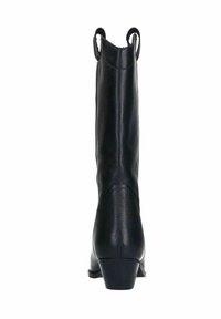 Bottines en cuir noir jusqu'au genou avec une finition texturée, dotées de languettes en haut et d'un petit talon carré pour un soutien.