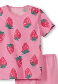 Rosa Baumwoll-Pyjama-Set mit einem kurzärmeligen Oberteil und einer Hose mit elastischem Bund, verziert mit einem Erdbeer-Druck in Rottönen und Grüntönen.