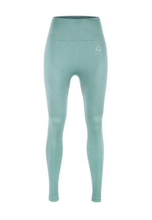 Leggings verde menta realizzati in tessuto liscio ed elasticizzato. Vita alta, accenti testurizzati sui lati e un piccolo logo a forma di cuore sul davanti.