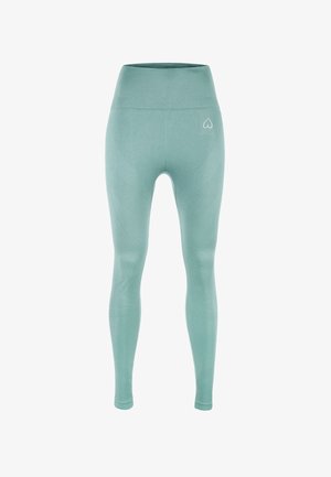 Miętowe legginsy wykonane z gładkiego, elastycznego materiału. Wysoki stan, teksturowane akcenty po bokach oraz małe logo serca z przodu.