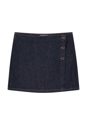 Denim mini skirt in dark blue with a straight cut, featuring three metal button accents on the side and subtle stitching details.