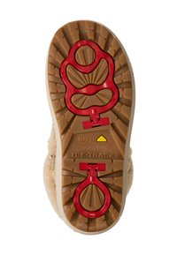 Brun gummisål med tekstureret slidbanemønster, med røde justerbare pigge. Mærket "BOGNER ICE-TRACK" og størrelse 37 angivet.