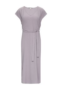 Helles lila Kleid mit kurzen Ärmeln, V-Ausschnitt und gebundenem Taillenband. Aus strukturiertem Stoff gefertigt, im Maxilängenstil mit seitlichen Schlitzen.