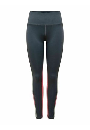 Zwarte fitnesslegging met een hoge tailleband, voorzien van zijstrepen in rood en lichtgrijs. Gemaakt van elastisch, vochtafvoerend materiaal.