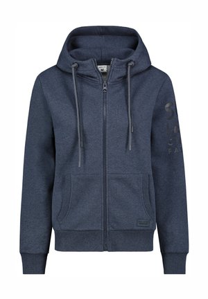Navy Zip-Hoodie aus Baumwollmischung mit Kapuze und Zugband, zwei vorderen Taschen, gerippten Bündchen und einem bedruckten Akzent an der linken Ärmel.
