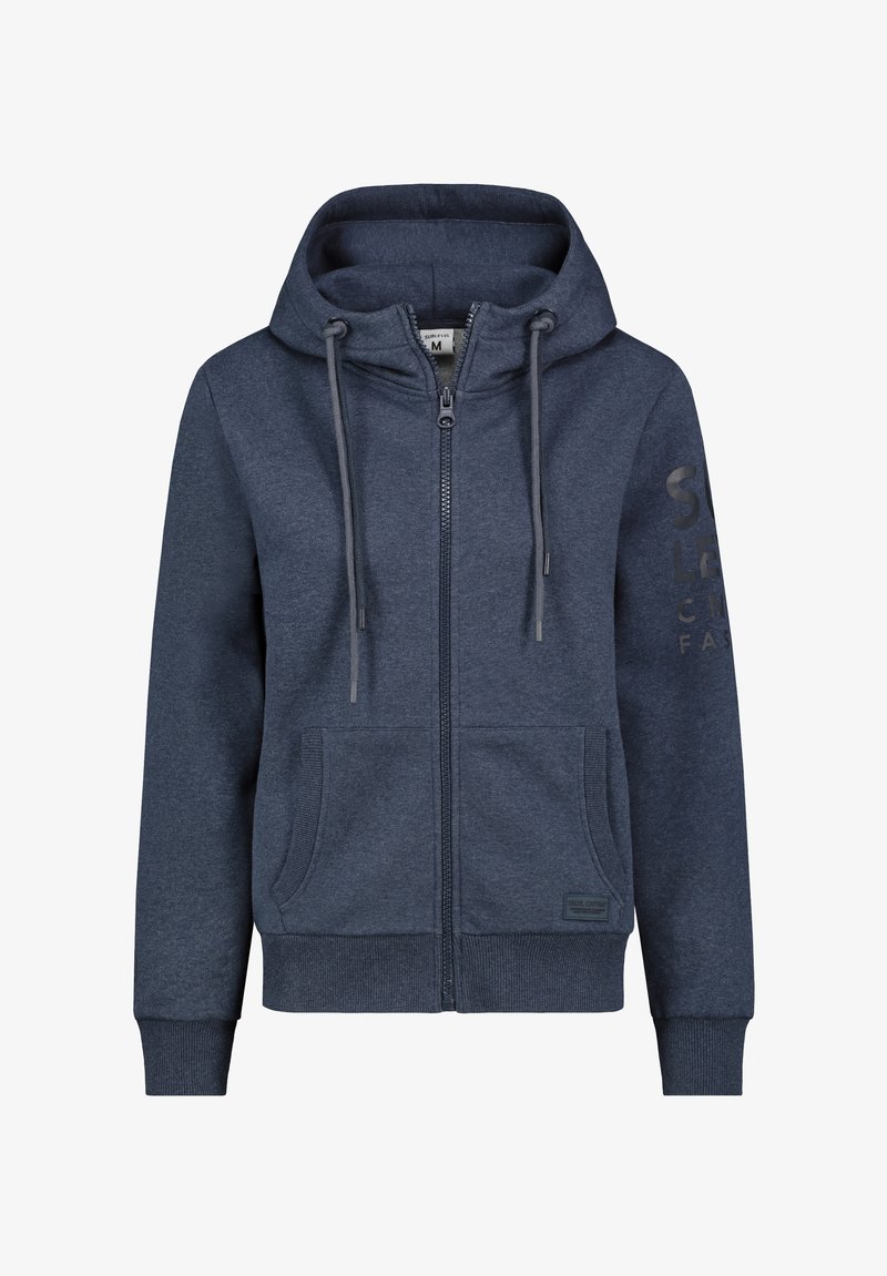 Navy Zip-Hoodie aus Baumwollmischung mit Kapuze und Zugband, zwei vorderen Taschen, gerippten Bündchen und einem bedruckten Akzent an der linken Ärmel.
