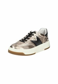 Metallic bronze sneaker with black accents, textured surface, white sole, and black laces. Features a decorative logo detail on the side.