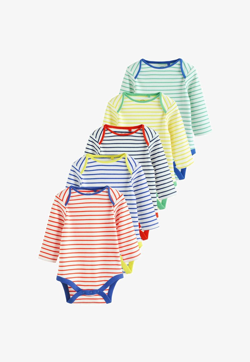 Cinq bodys à manches longues rayés pour bébés dans des couleurs variées : rouge, noir, bleu, jaune et vert, avec des encolures et des poignets contrastants.