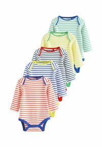 Pięć długich rękawów bodysuits dla niemowląt w paski w różnych kolorach: czerwonym, czarnym, niebieskim, żółtym i zielonym, z kontrastującymi dekoltami i mankietami.