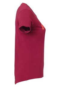 Short-sleeve, crew-neck t-shirt in deep burgundy fabric, featuring an orange geometric design on the front. Smooth cotton texture.