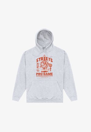 Sweat à capuche gris clair avec un graphisme orange représentant un personnage de basket-ball souriant et le texte "Streets Pro Game Dunking Downtown."