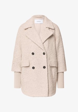 Beige, textured double-breasted coat with large black buttons, front pockets, and contrasting ribbed cuffs. Notched collar design.