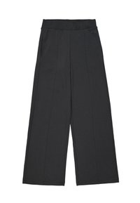 Schwarze weit geschnittene Hose aus glattem Material, mit elastischem Bund und zwei seitlichen Taschen. Mit gestickten Details und einem kleinen Logoakzent.