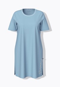 Vestido de manga corta azul claro hecho de tejido suave. Presenta un escote redondo, rendijas laterales y un detalle de texto "Harmony" en un lado.