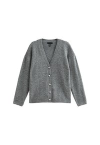 Cardigan de lana gris con escote en V, mangas largas y cierre de botones en la parte delantera. Cuenta con seis botones redondos y un corte relajado.