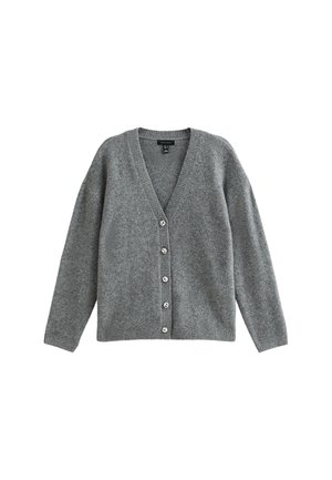 Grijze wollen cardigan met een V-hals, lange mouwen en een knopen sluiting aan de voorkant. Bevat zes ronde knopen en heeft een losse pasvorm.
