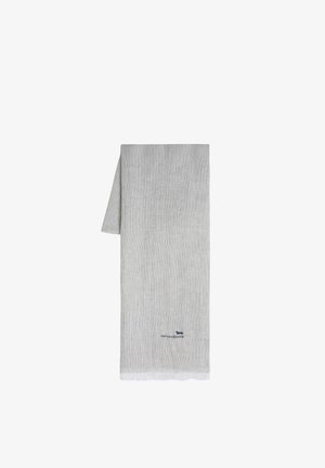 Hellgraues Baumwollhandtuch mit Textur, einem blauen Logo, fransigen Rändern und einem dezenten Streifenmuster, mittlerer Dicke und weichem Finish.