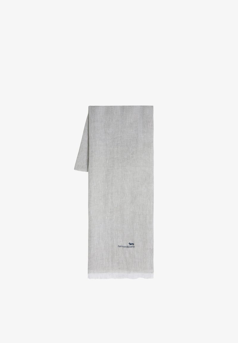 Lysegrå tekstureret bomuldshåndklæde med et blåt logo, frynsekant, og et subtilt stribet mønster, der har en moderat tykkelse og en blød finish.