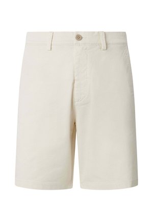 Pantalones cortos de algodón color beige con pasadores para cinturón, cierre de botón y cremallera oculta sobre un fondo blanco.