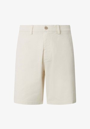 Beige bomullsshorts med beltehemper, knappelukking og skjult glidelås på hvit bakgrunn.