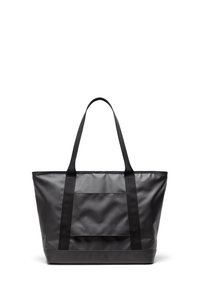 Large black tote bag made from matte PVC material, featuring sturdy black fabric handles and a front pocket for added utility.